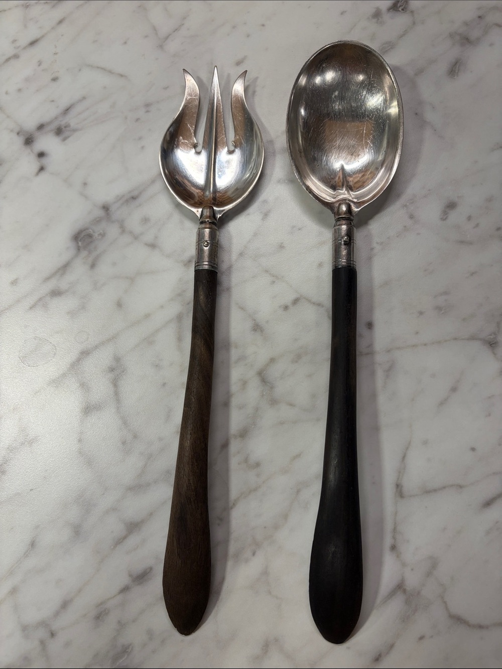 Set Wood Handle . Marked Nickel silver  Salad Servers  wood. Antique vintage.